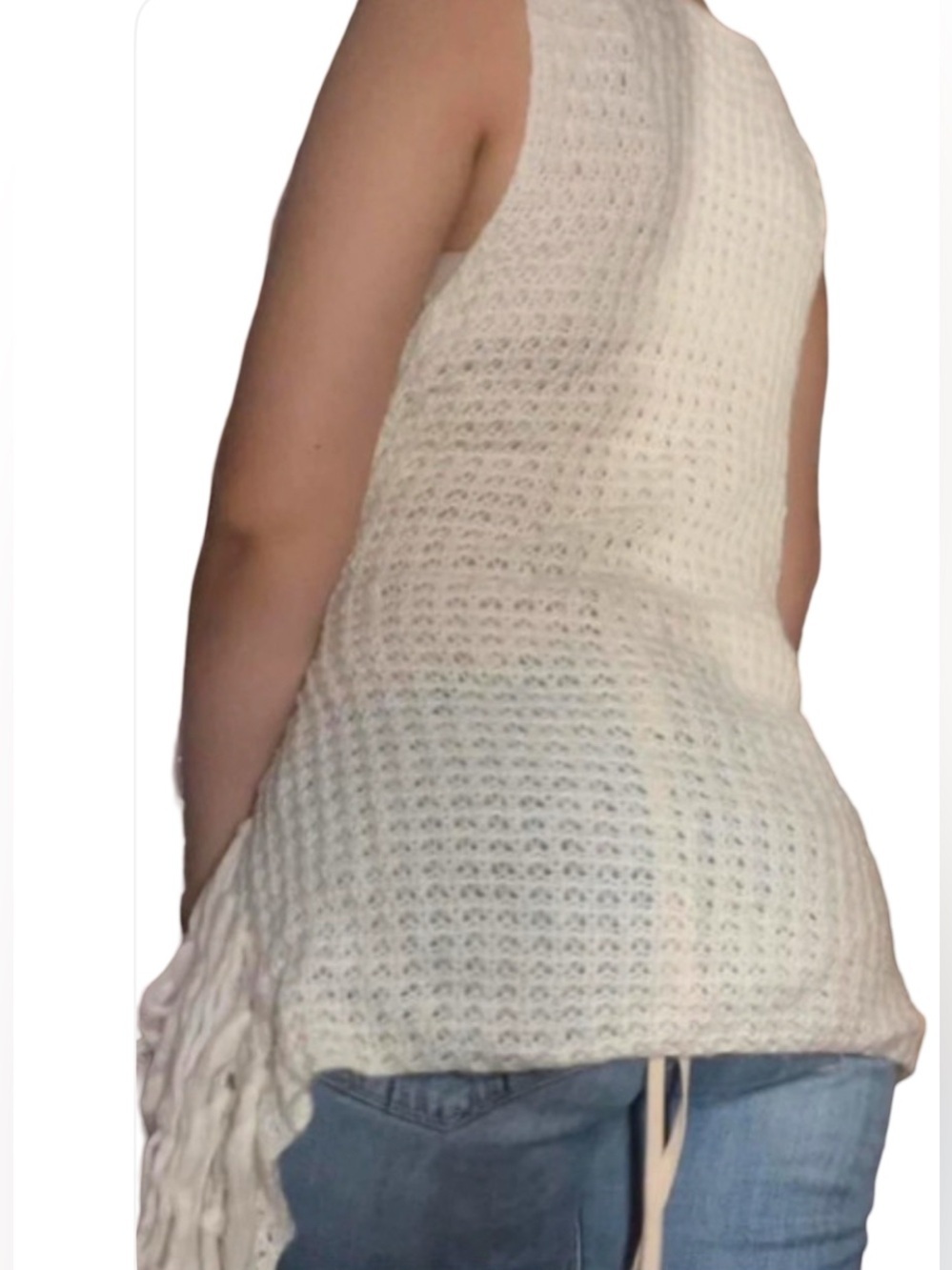 VGC.Medium 2000 crocheted vintage whimsical Cream Chunky Knit Fringe Vest - Picture 2 of 3